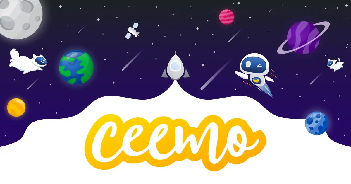 A colorful space landscape with an array of planets, stars, meteors, a satellite, a rocketship blasting upward, Ceemo the robot, and his two robot dog friends, Beetoobee and Beetoocee. The rocketship is blasting upward, leaving behind a white trail of exhaust which forms a nice background for the bright sunshine yellow Ceemo logo!