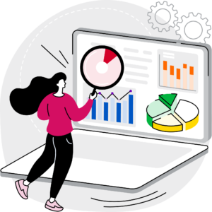 ceemo-aipitching A colorful 2D illustration of a woman examining a pitch deck on an oversized laptop.