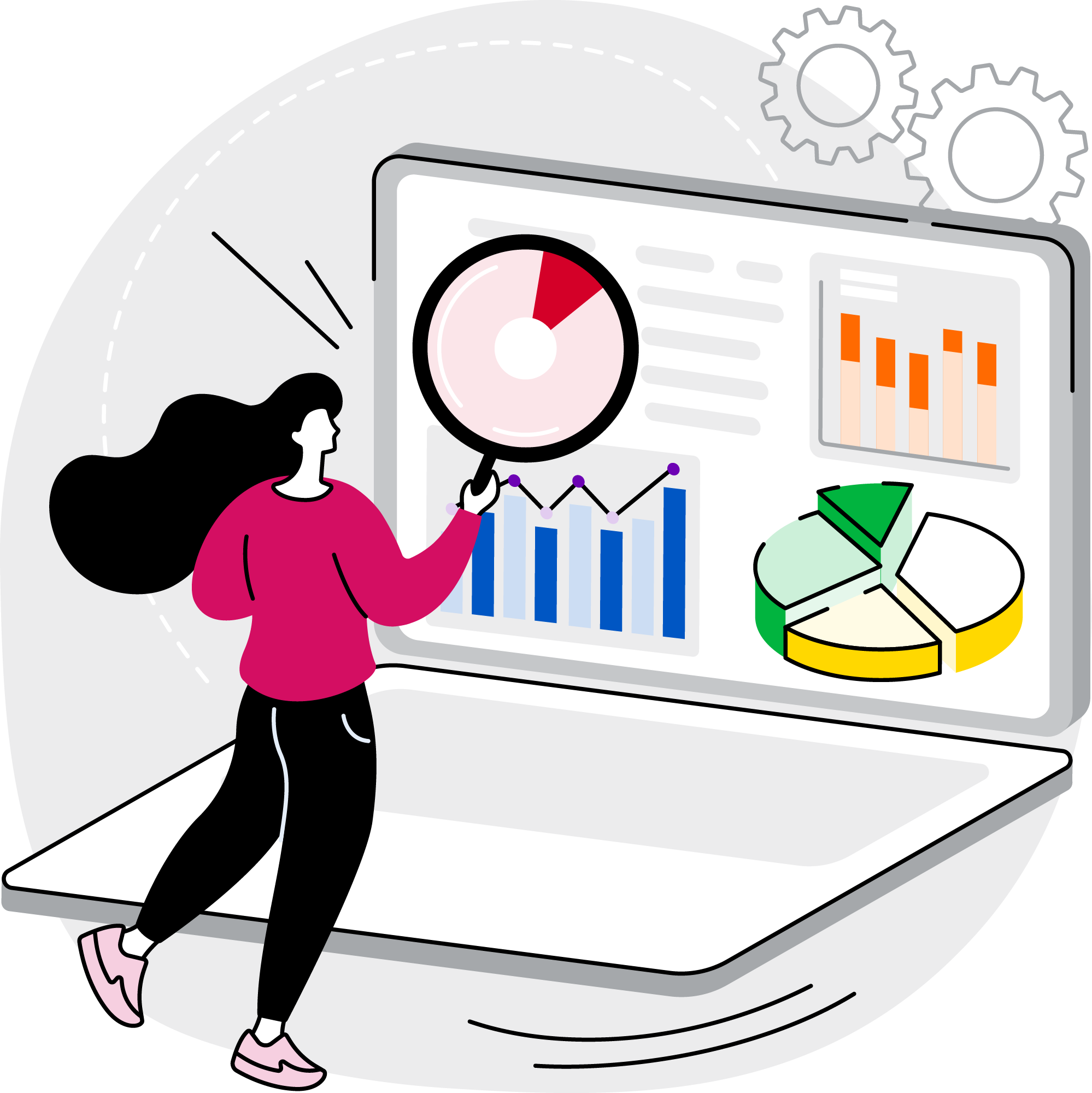 A colorful 2D illustration of a woman examining a pitch deck on an oversized laptop.