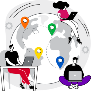 ceemo-global A colorful illustration showing a team of three people working across the globe, plotting worldwide domination!