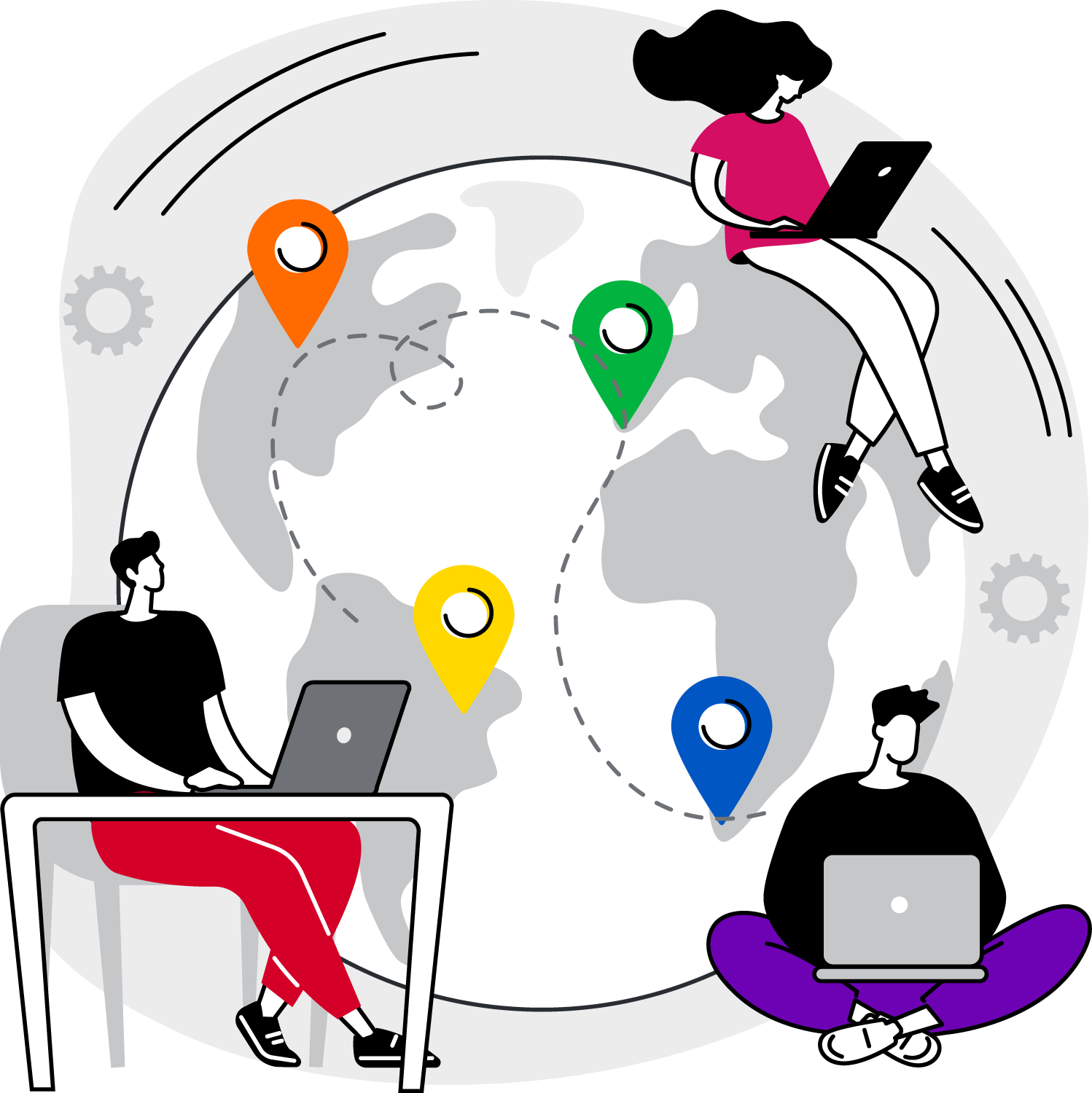 A colorful illustration showing a team of three people working across the globe, plotting worldwide domination!