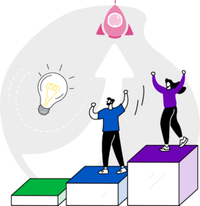 ceemo-privatebeta A colorful 2D illustration of two people cheering atop green, blue, and purple stepped platforms that look like a growing profit graph. They're looking up at a cute chubby pink rocketship that's launching into the stratosphere!