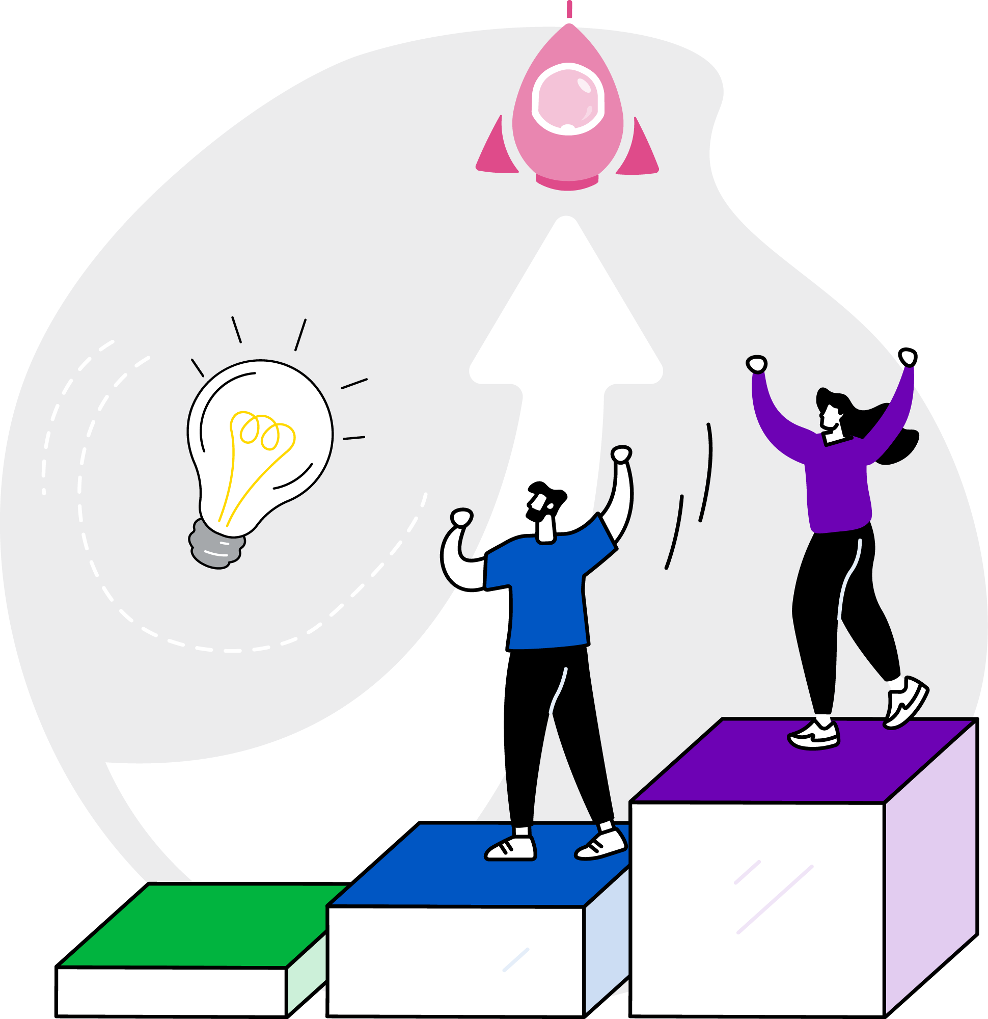 A colorful 2D illustration of two people cheering atop green, blue, and purple stepped platforms that look like a growing profit graph. They're looking up at a cute chubby pink rocketship that's launching into the stratosphere!