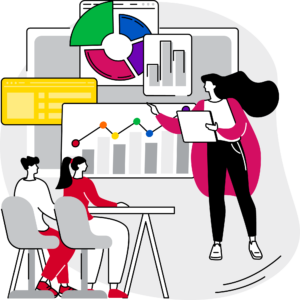 ceemo-seedround A colorful 2D-style illustration of a proud, confident, experienced founder delivering an exciting pitch all about Ceemo! There are two investors seated at a table in front of her, and they just can't wait to invest!