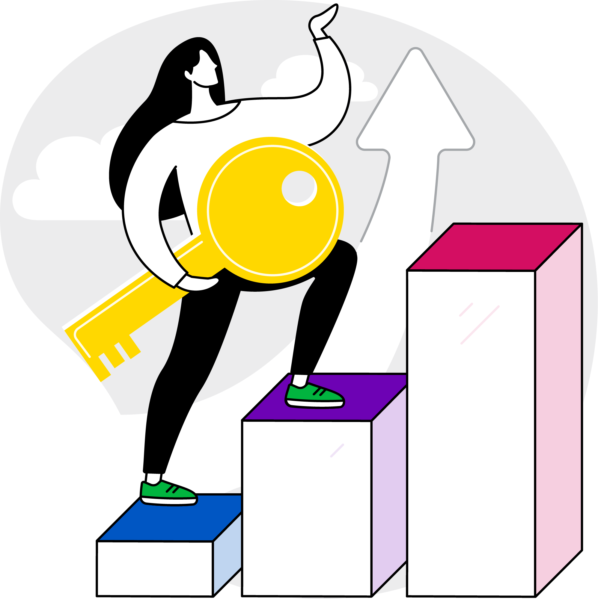 A 2D illustration of a woman holding a large key, climbing up stairs that look like a growing bar graph.