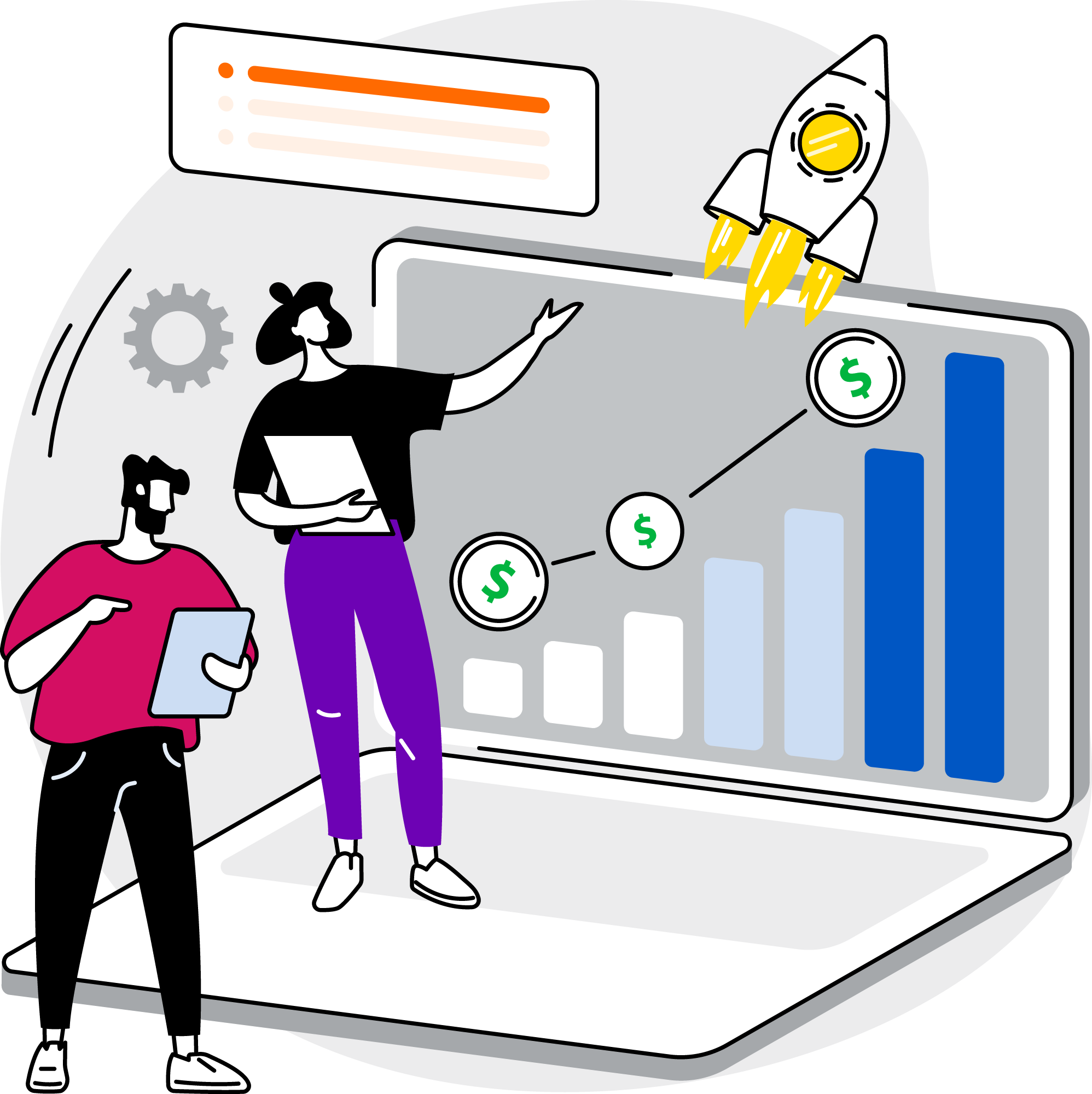 A colorful 2D illustration of two people looking at a financial growth chart, with a rocketship taking off along the same path.