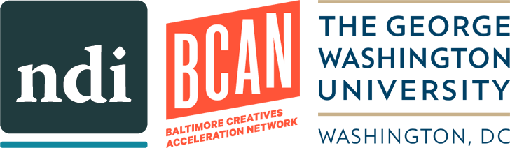 Logos for the National Disability Institute, Baltimore Creatives Acceleration Network, and The George Washington University. Logos used with permission.