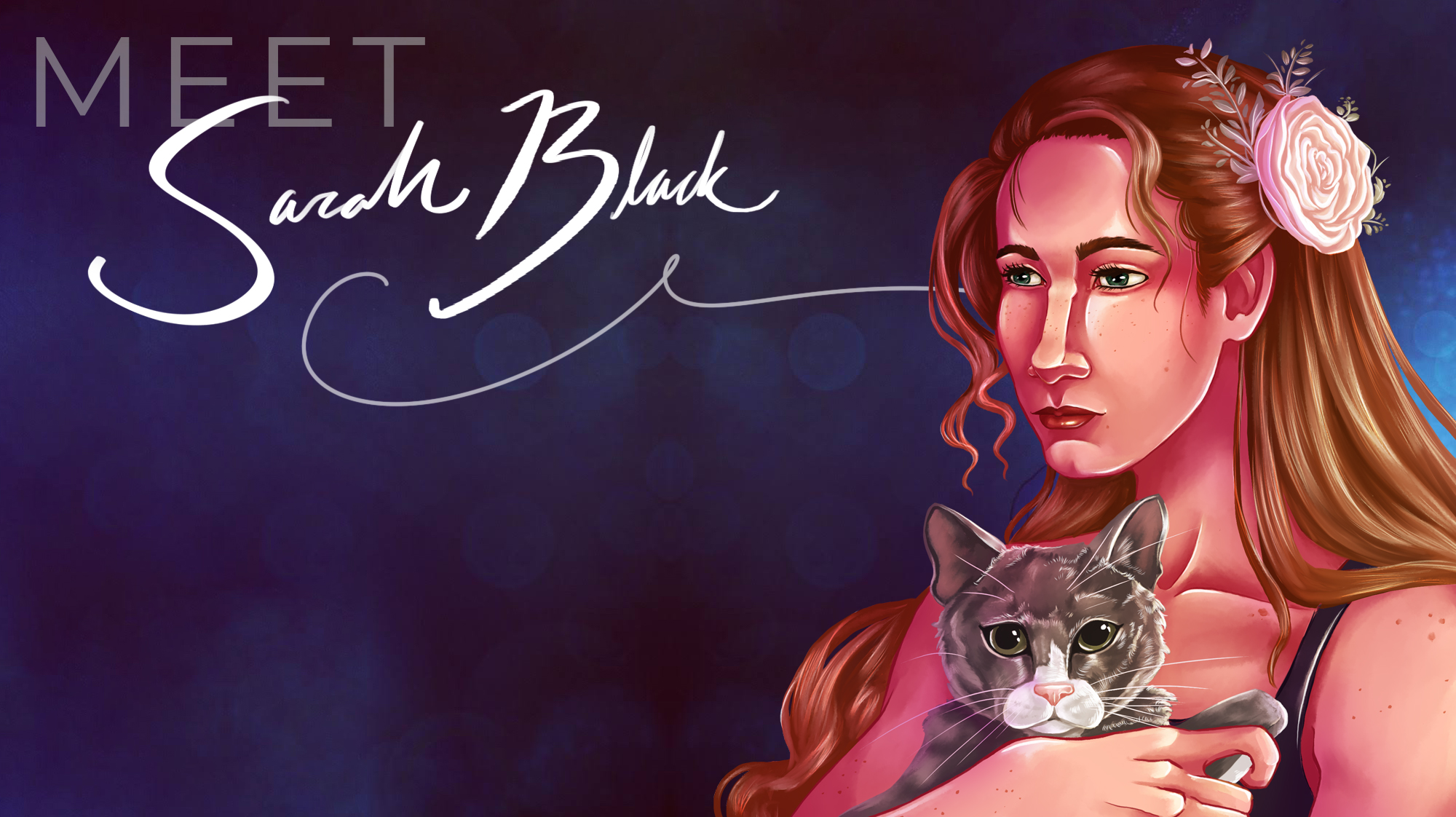 An illustrated portrait of Sarah Black, our newest teammate. The portrait is a digital painting created by Sarah Black. She's a white woman with long blond hair, wearing a purple tank top, and holding a grey and white cat named Mama. In text, it says "Meet Sarah Black", with her name in a hand-drawn cursive script.