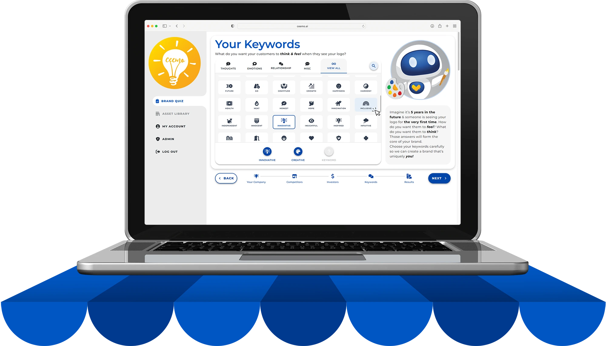 A screenshot of the Ceemo Brand Quiz, presented on a graphic of a laptop placed on a rainbow-colored platform. This screen shows how you can choose 3 keywords to define how you want your brand to be perceived by your customers.