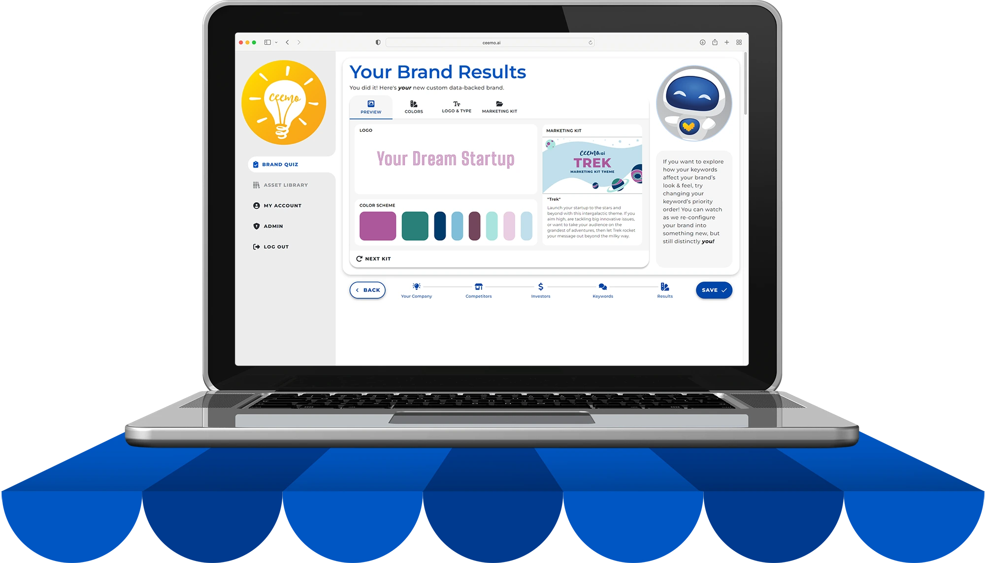 A screenshot of the Ceemo Brand Quiz, presented on a graphic of a laptop placed on a rainbow-colored platform. This screen shows you a Ceemo-recommended brand, complete with typographic logo, color scheme, and a unique marketing kit, featuring a pitch deck that can be created in your fonts and colors.