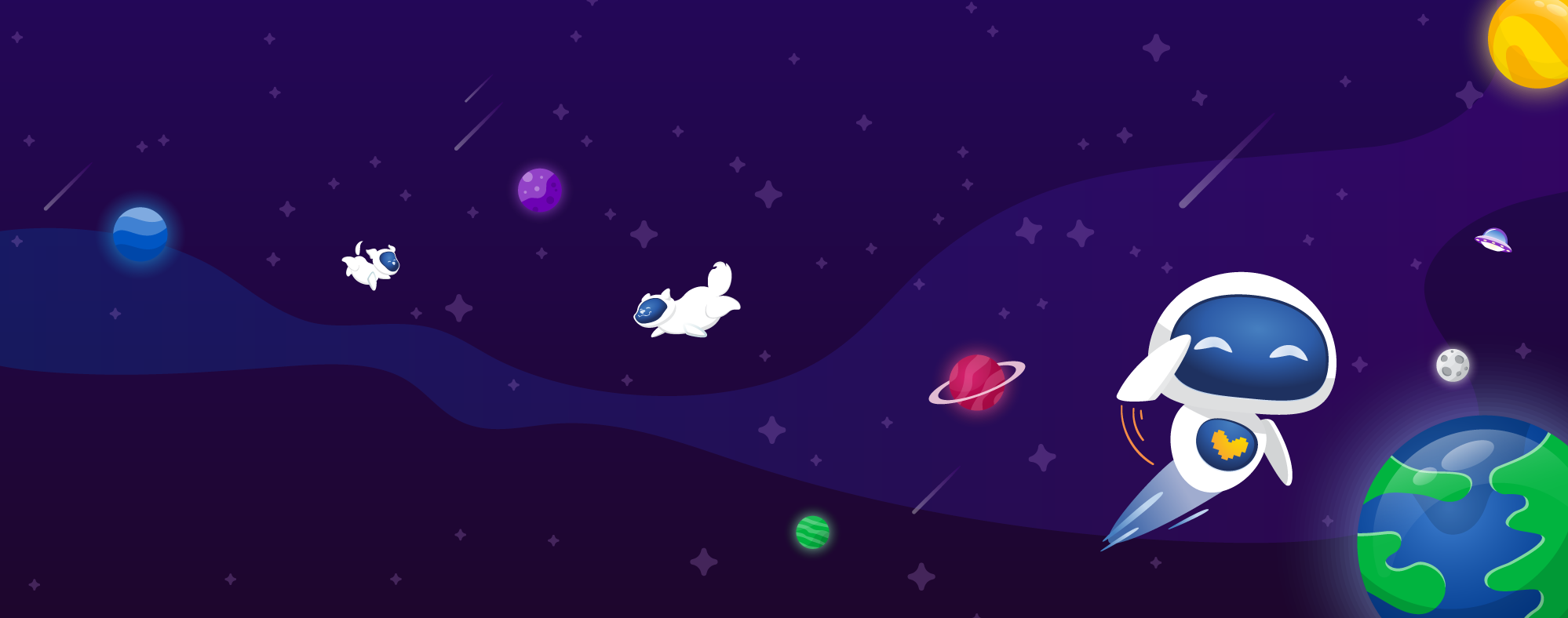 An illustrated space landscape, filled with stars, colorful planets, and shooting stars. Ceemo the robot is flying past the Earth, smiling & saluting at the viewer. His two robot dog friends are floating peacefully through space, chasing planets.
