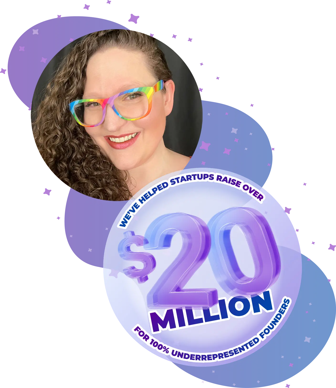 Meet our Founder & CEO, Heather Lawver! Her photo appears as a bubble atop a colorful galaxy. She's a white woman, smiling warmly at the viewer, wearing rainbow-colored glasses. Her hair is reddish brown & excessively curly. Below her photo is a bubble with the words, "We've helped startups raise over $20 million for 100% underrepresented founders". 