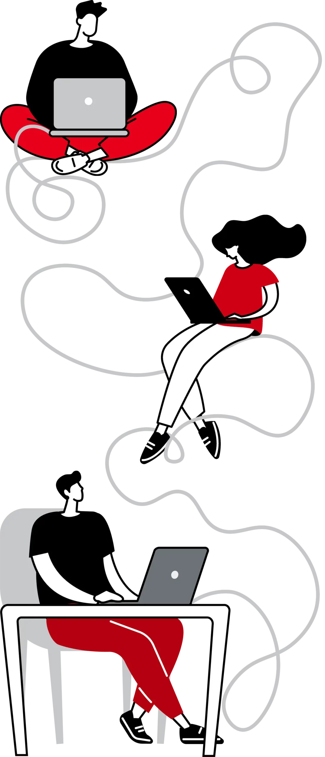 art-threepeople An illustration of three separate people, each working on their own laptops, interconnected with only one super curly convoluted power cord.