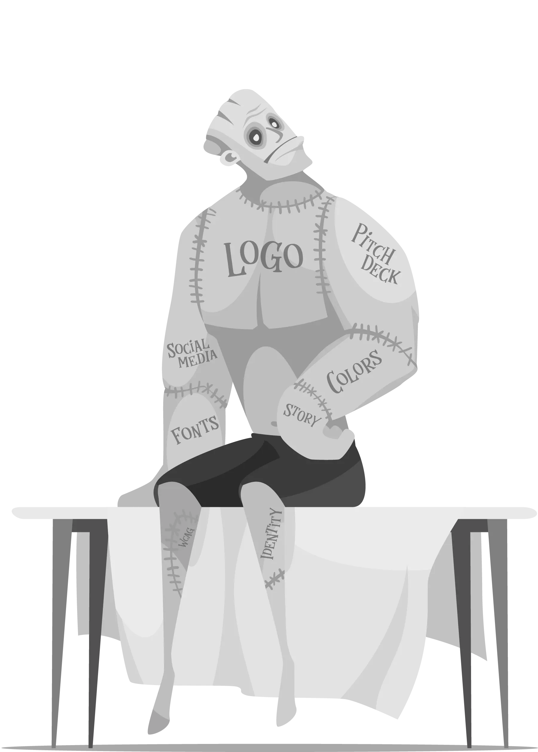 A grayscale illustration of Frankenstein's monster, with his body made from many disparate parts stitched together. Except this is Frankenbrand! Each part of his body is a different part of a startup's marketing strategy. Across his chest is written "Logo". His left bicep says "Pitch Deck", his forearm says "Colors". Across all his various parts read, "Social Media", "Fonts", "Story", "WCAG", "Identity", etc. This illustrates the common trap of startup marketing; when you bounce from gig designers to experts, copywriters to pitch specialists, and back again, it's up to the Founder to stitch all of these parts together into something halfway coherent & consistent. It's a confusing, frustrating, expensive mess! There's a better way, with Ceemo.