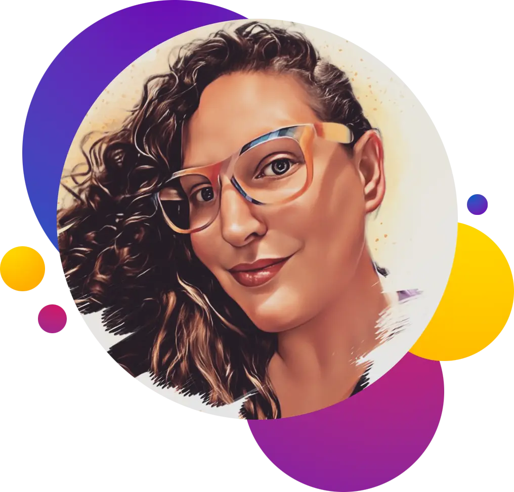ceemo-heather-bubble Ceemo's founder, Heather Lawver, in an illustrated portrait. Heather is a white woman with excessively curly reddish brown hair, wearing red lipstick and rainbow-striped glasses.