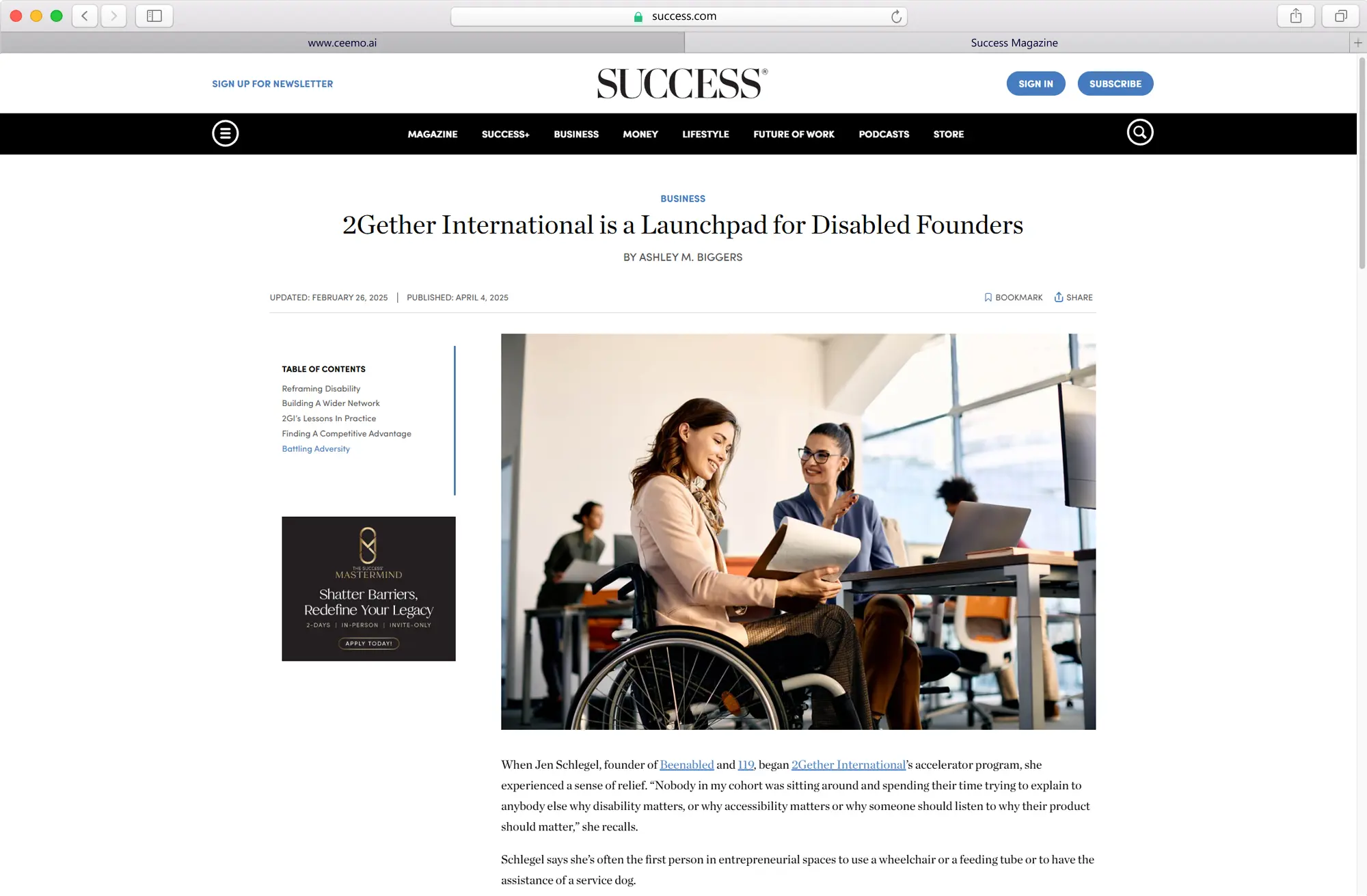A screenshot of an article on Success Magazine's website at success.com, with the headline, "2Gether International is a Launch Pad for Disabled Founders". 