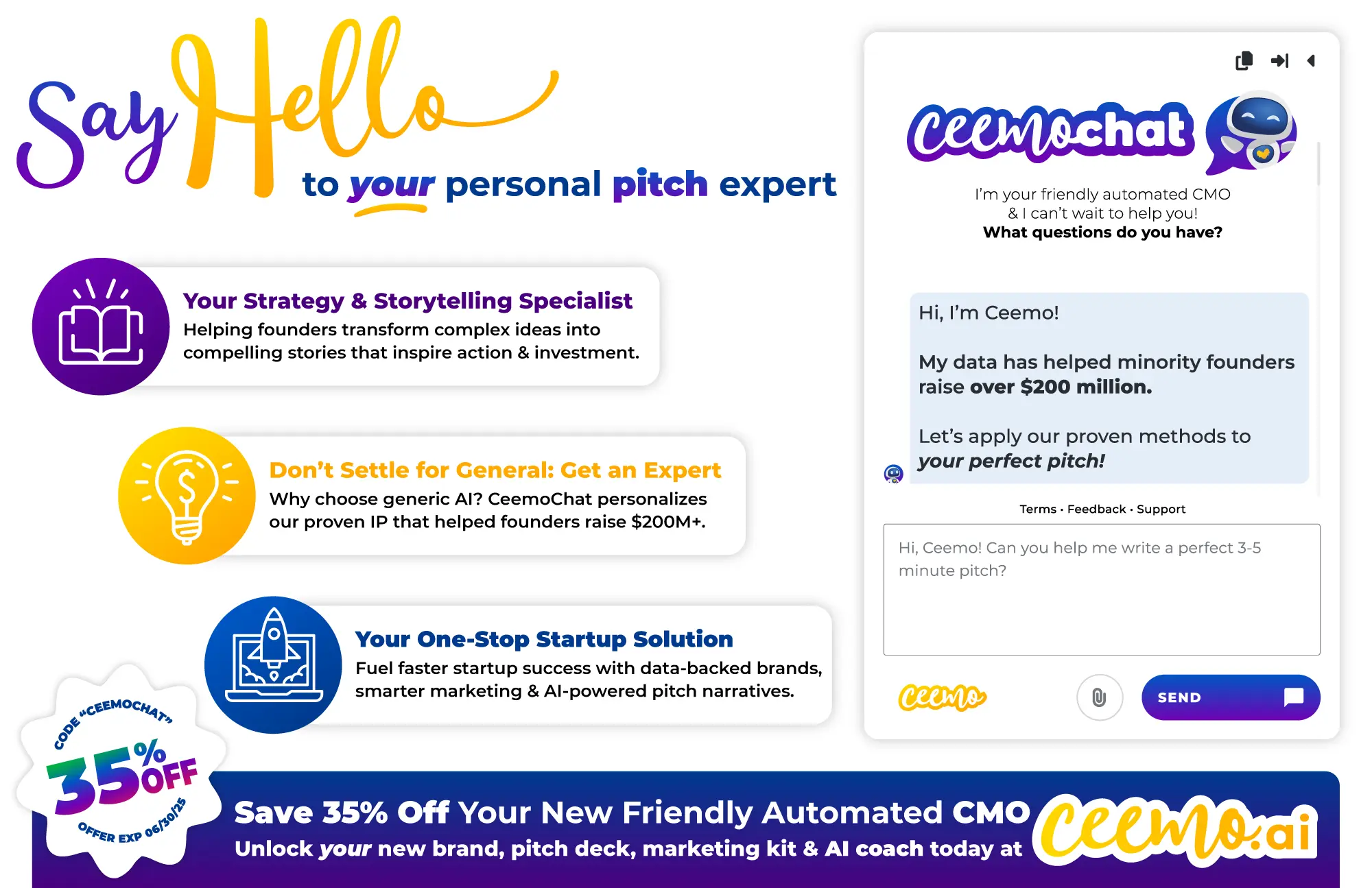A promotional image for Ceemo, offering 35% off with code "CEEMOCHAT".