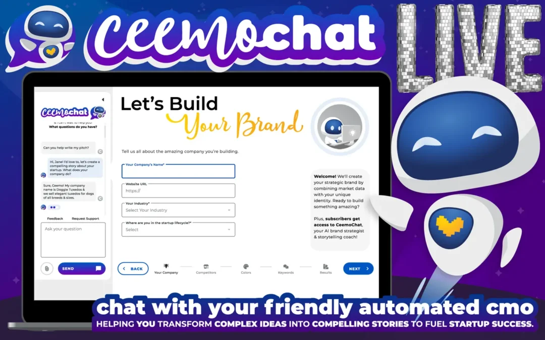 A promotional image announcing CeemoChat is LIVE! It shows a screenshot of the CeemoChat chatbot live on the Ceemo platform, with Ceemo the robot proudly showing it off. Below that it offers a discount code to save 35% off your entire Ceemo subscription with code "CEEMOCHAT".