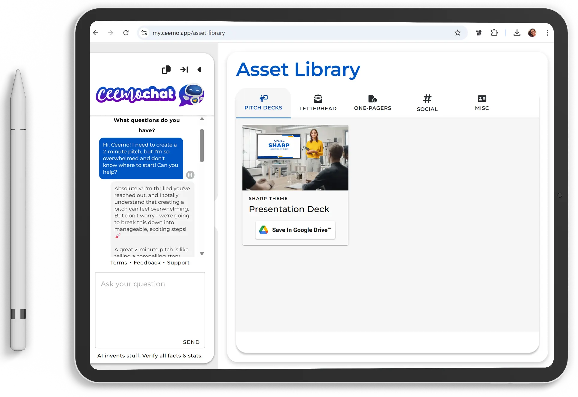 An iPad displaying a screenshot of the Ceemo Asset Library, where users can generate custom-branded templates for pitch decks, one-pagers, social media & more. Except now there's a new feature on the left side of the screen! With the push of one button, a chat window pops up on the left side, so you can chat with Ceemo about all your strategy & storytelling needs! In this screenshot, a founder is sharing with Ceemo how they're overwhelmed trying to condense their entire story into a two minute pitch. Ceemo offers to help by creating a pitch for them using Ceemo's proven 2-minute pitch framework.