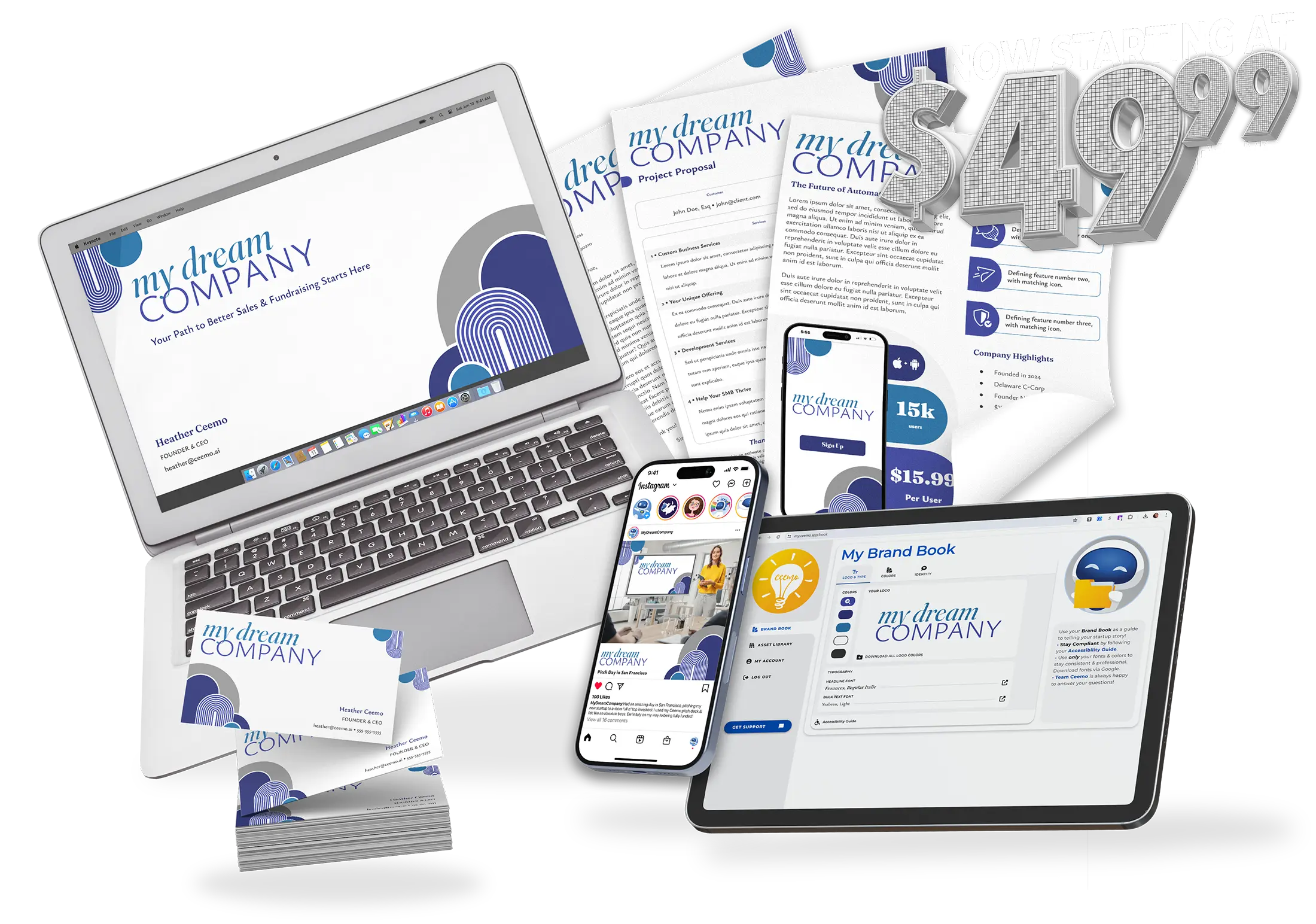 ceemo-marketingkit-49 A collage of all the various features & marketing assets generated by Ceemo.ai. From left to write, there's a laptop showing a generated Pitch Deck in Google Slides, a stack of business cards, an iPhone displaying a social media post on Instagram, an iPad showing the Ceemo Brand Book and CeemoChat, and an array of three A4 documents, including letterhead, a proposal, and a one-pager. Everything is fully consistent, maintaining brand identity, fonts, and colors across every asset. In the upper right is bright sparkly silver letters that read, "Now starting at $49.99 per month!"