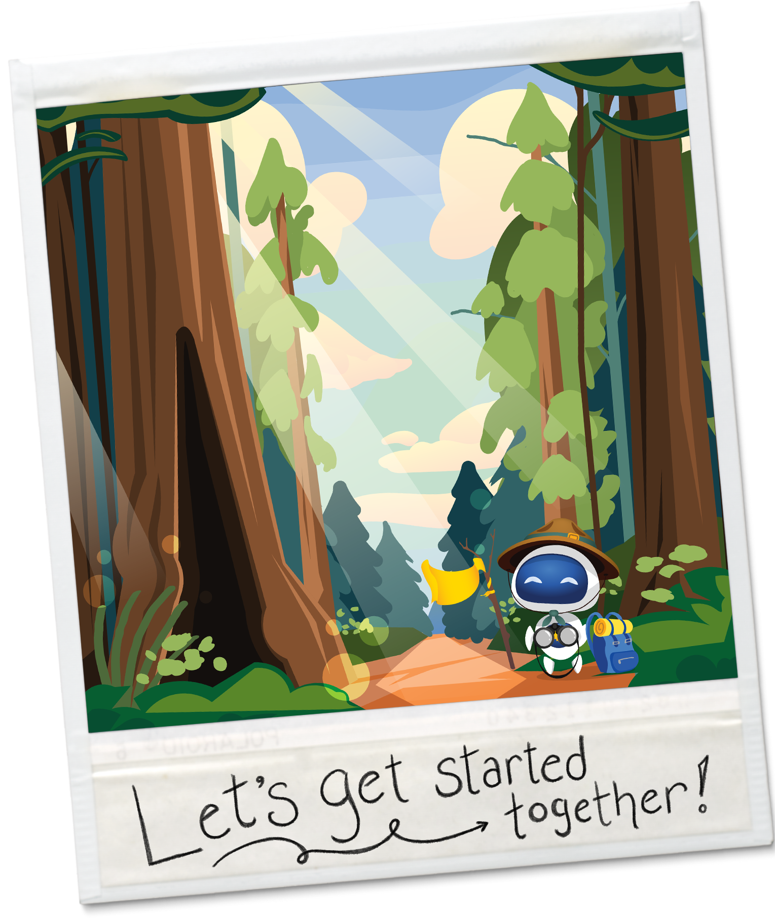 A cute polaroid picture, showing an illustration of Ceemo dressed in gear for a hike, standing at the start of a forested trail, ready to be your trail guide to success! On the bottom of the polaroid, someone wrote in pencil, "Let's get started together!" Original illustration by Sarah Black. Layout and typography by Heather Lawver. 